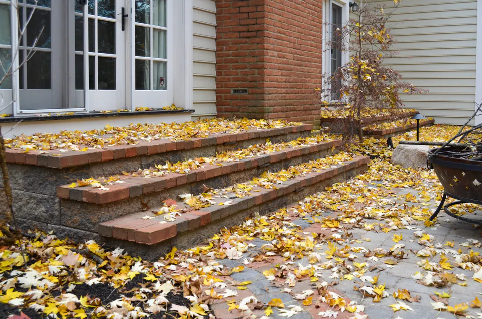 House steps and paver patio with brick banding, fallen leaves, planting, and outdoor seating beyond.
